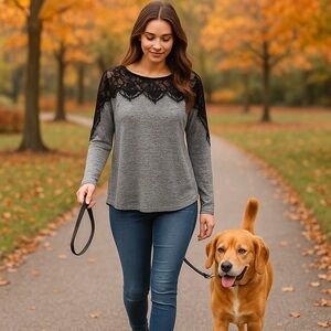 REWIND Sweater Heathered Gray Black Lace Accents Grey Long Sleeve Size Large
